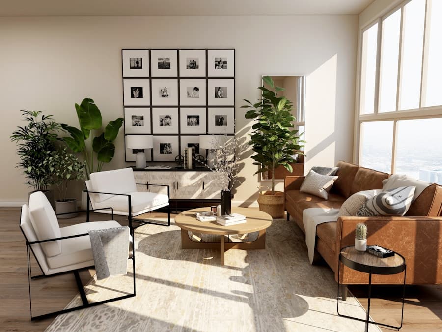 Zonnige woonkamer met planten en natuurlijke materialen